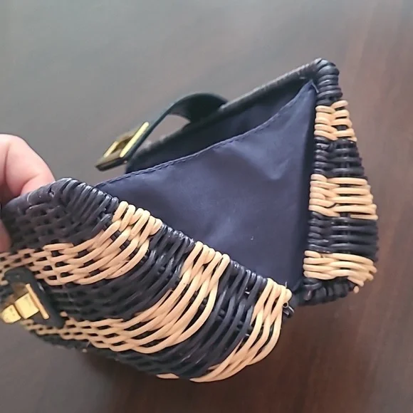 J.Crew natural Navy wicker basket patent leather brass buckle purse - Picture 8 of 8